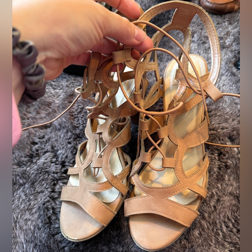 Lace up tan block heels